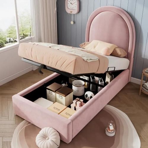 Lit Simple Avec Motif Cosmique, 90 X 200 Cm, Rose, Velours, Pour Garçons Et Filles (Sans Matelas)