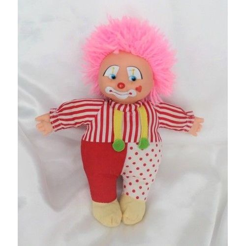 Peluche Doudou Clown Rouge Et Blanc Cheveux Rose Corps Tissu Tête Et Mains Plastique Cp