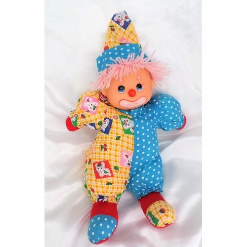 Peluche Doudou Clown Corps Tissu Tête Dur Bleu Et Jaune Rouge Cp