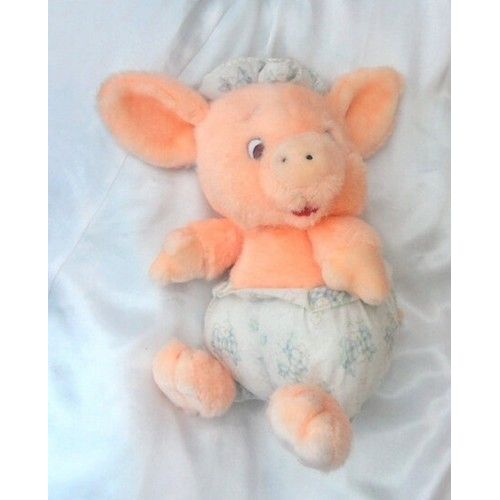 Doudou Peluche Vintage Cochon Assis Culotte Tissu Motif Noeud Cp