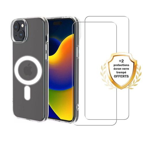 Coque Iphone 15 Transparente Compatible Magsafe + 2 Vitres Protection Ecran Evetane