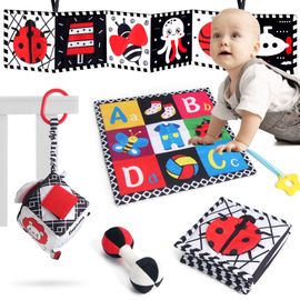 Lot De 4 Jouet Livre Tissu Montessori Bébé Eveil 0-12 Mois Noir Et Blanc Bébé Cadeau Naissance Fille Garcon Jouet Sensoriel Hochet Bebe