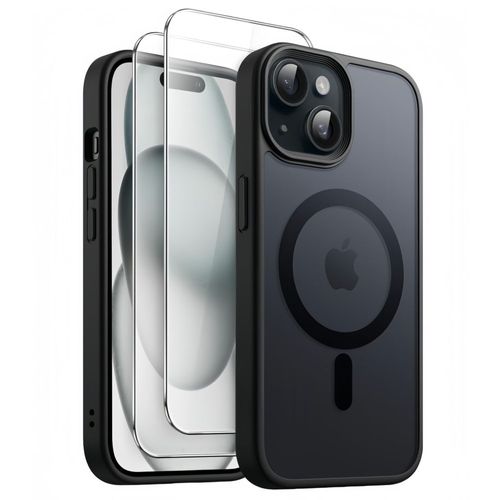 Coque Noir Magnétique Pour Iphone 15 Plus + 2 Verre Trempé, Compatible Avec Magsafe, Protection Caméra ,Translucide Antichoc - Hqselection®