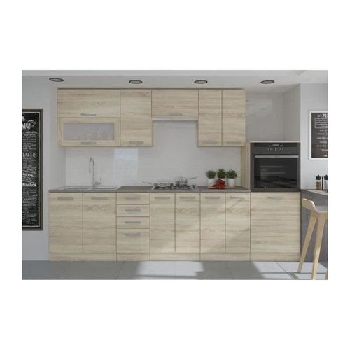 Lassen Cuisine Complete L 300 Cm Avec Demi-Colonne Four Et Hotte - Decor Chene Sonoma