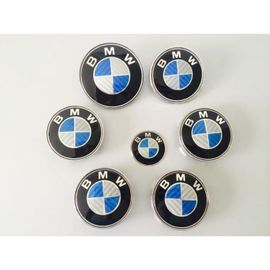 Kit 7 Badge Logo Embleme Bmw Carbone Bleu Gris Capot 82mm + Coffre 74mm +Volant 45mm + 4 Centres De Roue 68mm