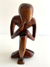 Sculpture Statue Figurine "Le Penseur" Bois Naturel Sculpté Art Design Vintage