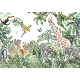 Papier Peint Enfant Jungle Animaux Foret Intissé Panoramique 400x280 cm - Colle Inclus - Chambre Enfant - Moderne Trompe l'oeil