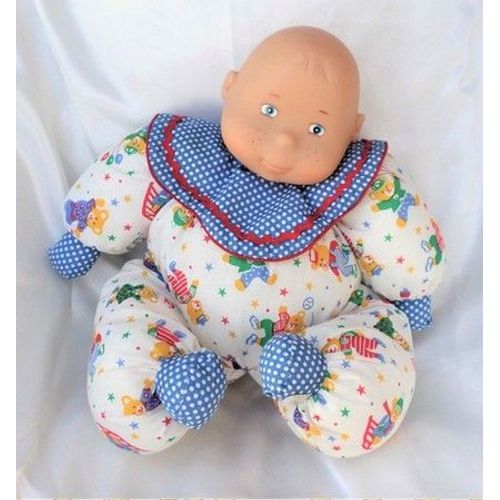 Doudou Bébé Tissu Blanc Motif Ourson Col Bleu Pois Blanc Grelot Caprice Les Z'Enfants
