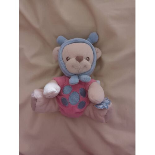Doudou Fisher Price Ours Bleu Rose Natyre Bearries Grelot Hochet Empreinte Pas Ventre Papillon Vichy 17cm