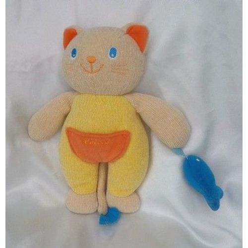 Doudou Peluche Chat Jaune Beige Orange Et Son Poisson Bleu Tricot Chicco