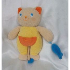 Doudou Peluche Chat Jaune Beige Orange Et Son Poisson Bleu Tricot Chicco