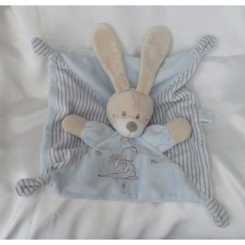 Doudou Peluche Plat Lapin Bleu Rayures Etoiles Argenté Attache Tétine Simba Toys