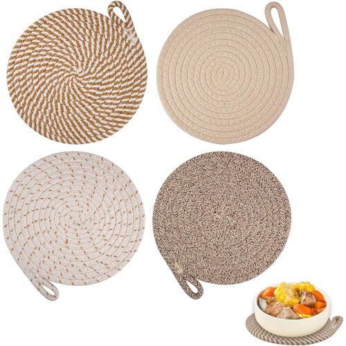 Lot De 4 Dessous De Plats Résistants À La Chaleur Pour Plats Chauds 20 Cm/7.87 Inch,Dessous De Verre En Coton Tissé, Dessous De Plat En Fil De Coton Ronds, Sous Plat De Table Pour Casseroles,Poêles