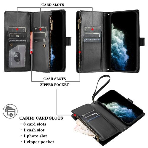 Étui Pour Samsung Galaxy S22 Ultra Portefeuille Fermeture Éclair Folio Flip Housse De Sac À Main Cuir Pu Fentes Pour Cartes - Noir