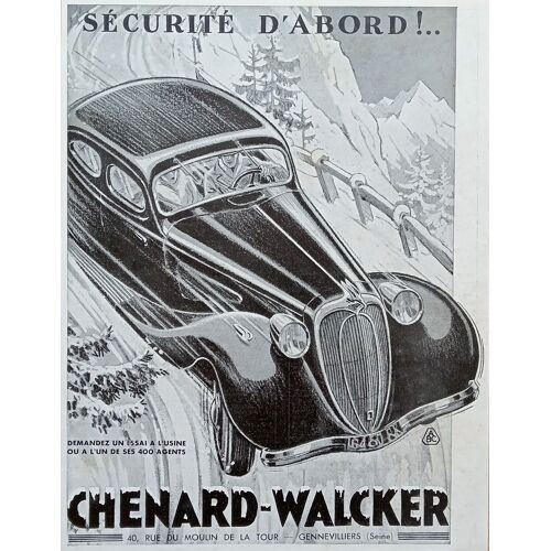 Lot 4 Affiches Publicités Anciennes Années 30 : Voitures, Automobiles Chenard-Walcker (Vintage French Advertising)