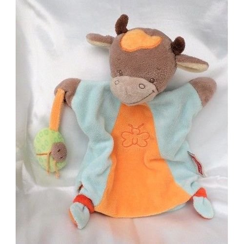 Doudou Marionnette Vache Bleu Orange Papillon En Broderie Et Coccinelle Nattou