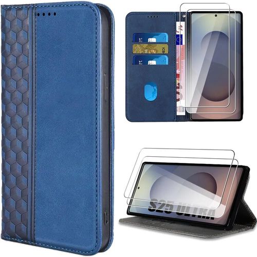 Coque pour Samsung Galaxy S25 Ultra, Protection Anti-Rayures Cuir Synthétique Bleu Marine + 2 Verres Trempés - E.F.Connection