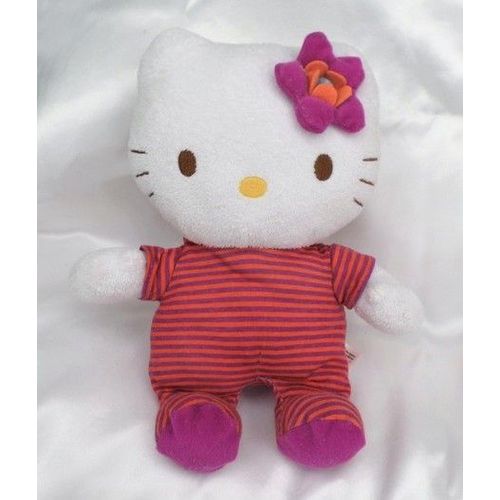 Doudou Peluche Hello Kitty Blanc Rayures Rose Fushia Orange Fleur Sanrio