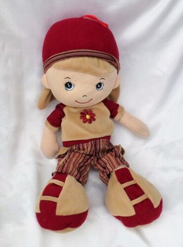 Poupée Doudou Petra Toys Rouge Bordeaux Beige Broderie Fleur Rouge Bordeaux Et Jaune