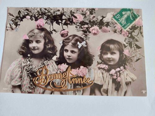 Carte Postale Ancienne, Écrite ; Trois Fillettes, Bonne Année 1909 Upu