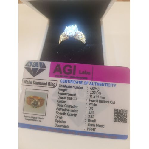 Bague Argent 925 Sterling, Monté D Un Diamant Blanc Naturel De 6,22cts Traité Hpht...Certifié Agi.