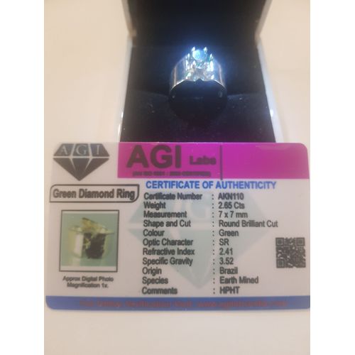 Bague En Argent 925 Sterling Montée D Un Petit Diamant Vert De 2,65cts Certifié Agi.