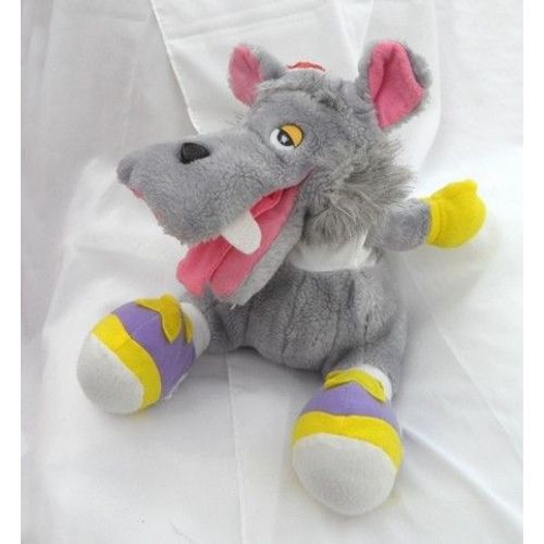 Peluche Doudou Loup Assis Gris Gants Jaunes Chaussures Violet Et Jaune