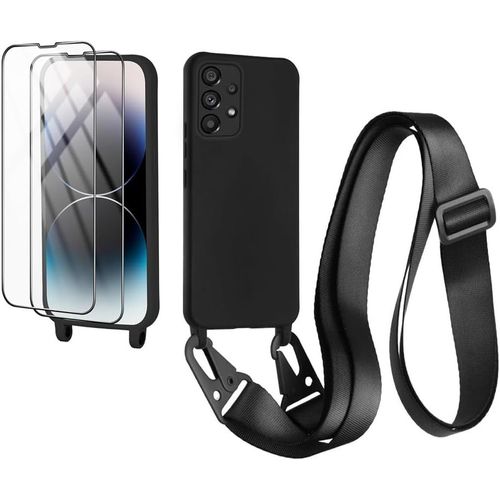 TRAHOO-Coque avec Cordon pour Samsung Galaxy A53 5G, Coque de Cellulaire Corde Silicone Étui avec 2 Pièces Protections d'écran avec Réglable Collier Téléphone Chaîne Lanyard Case Housse, Noir