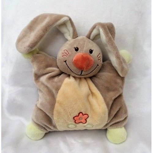 Doudou Peluche Semi Plat Lapin Beige Jaune Fleur Grelot Nattou