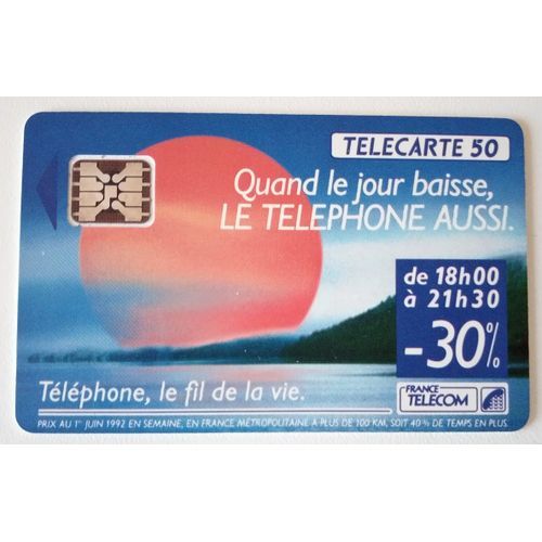 Télécarte Carte Téléphone Téléphone Le Fil De La Vie Soleil Rouge Quand Le Jour Baisse Le Téléphone Aussi Puce 50 U Unités Sc5 Argent Sur Fond Noir   No Rouge Au Verso 08/92