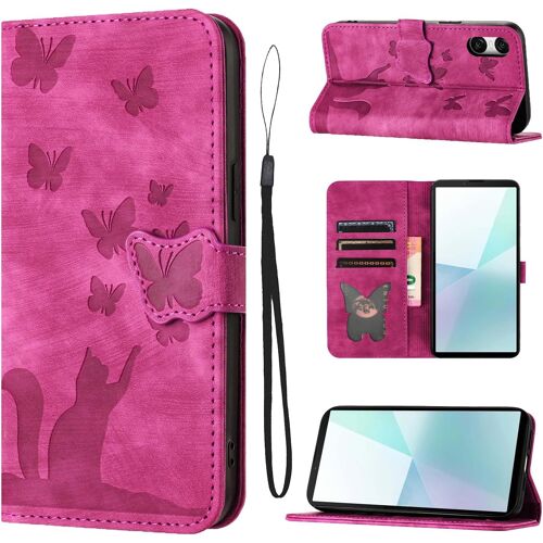 KAL-Housse Protection Pour Sony Xperia 10 Vi Matériau En Cuir Pu Coque Sony Xperia 10 Vi Avec Fentes Pour Cartes Étui Motif Papillon Chat Coque Xperia 10 Vi Rose