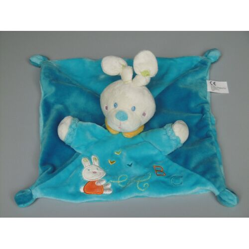 Doudou lapin plat Nicotoy bleu ABC orange jaune