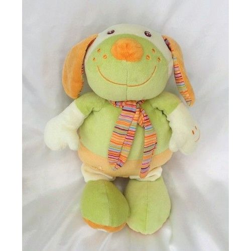 Doudou Peluche Chien Lapin Vert Orange Echarpe Rayures Babysun