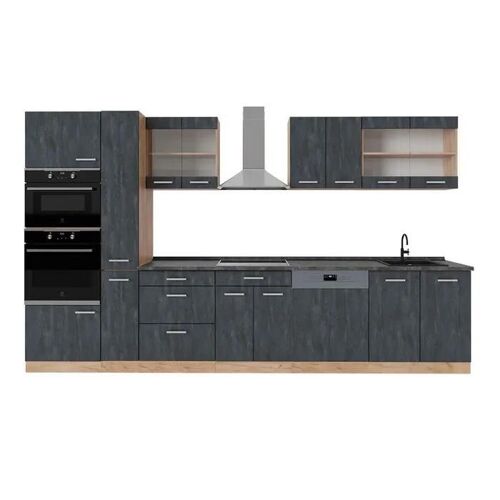 Cuisine complète R-Line, 350 cm , PT Anthracite, Béton noir/chêne doré, Vicco