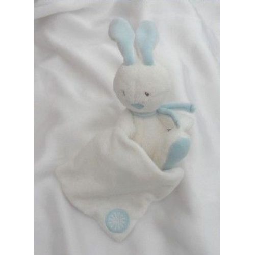 Doudou Peluche Lapin Assis Blanc Et Bleu Avec Mouchoir Babysun