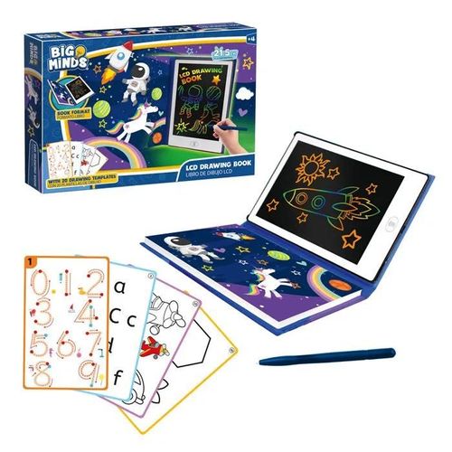 Big Minds - Tablette Dessin Enfant Lcd | Ardoise Magique Format Livre | Tablette Magique 20 Pochoirs Réversibles | Enfant 4 Ans