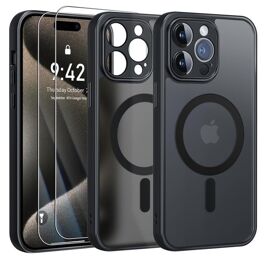 Coque Noir Magnétique pour iPhone 15 PRO MAX + 2 Verre Trempé, Compatible avec MagSafe, Protection caméra , Antichoc - HQSELECTION®
