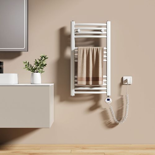 EMKE Sèche-serviettes électrique avec thermostat 75 x 40 cm, radiateur de salle de bain incurvé, sèche-serviettes électrique avec tige chauffante, blanc brillant, 250 watts