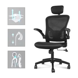 Chaise Bureau Ergonomique, Appuie-Tête Et Accoudoir Réglables, Maille Respirante, Support Lombaire Réglable, Noir