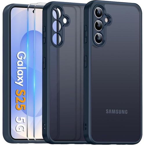 Coque Mat Pour Samsung Galaxy S25 Avec Protection Caméra Et 2 Pièces Verre Trempé, Étui Arrière Translucide Givrée Mince Anti[J933]