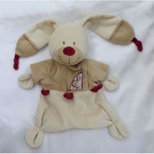 Doudou Plat Lapin Chien Bastien Beige Noeuds Bordeaux Nicotoy