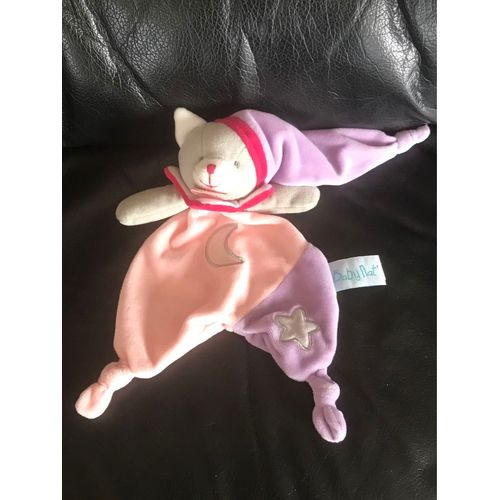 Doudou Plat Chat Baby Nat Les Luminescents Étoile Lune Rose Violet  25 Cm