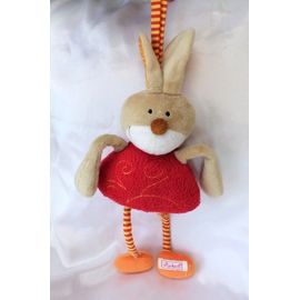 Doudou Peluche Lapin Rouge Pattes Rayures Jaune Musical Sigikid