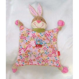 Doudou Peluche Plat Lapin Marron Rose Fleurs Foulard Vert Sigikid