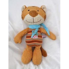 Doudou Peluche Chat Marron Ecru Rayures Echarpe Bleu Sigikid