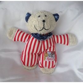 Doudou Peluche Chat Gris Rayures Rouge Blanc Foulard Et Oreilles Bleu Sigikid