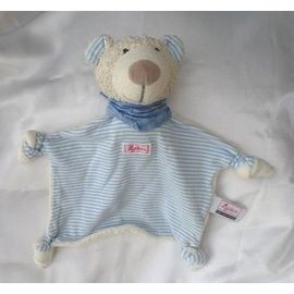 Doudou Peluche Ours Plat Rayures Bleu Foulard Bleu Sigikid