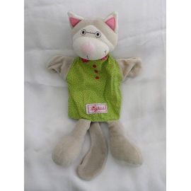 Doudou Plat Marionnette Chat Gris Blanc Vert Pois Jaune Col Rouge Coeur Rose Sigikid