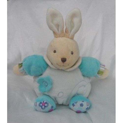 Doudou Peluche Lapin Boule Bleu Et Beige Fleurs Col Blanc Sidj