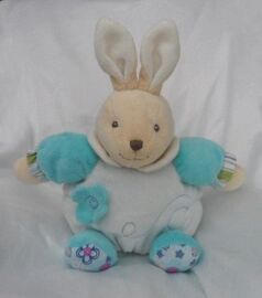 Doudou Peluche Lapin Boule Bleu Et Beige Fleurs Col Blanc Sidj
